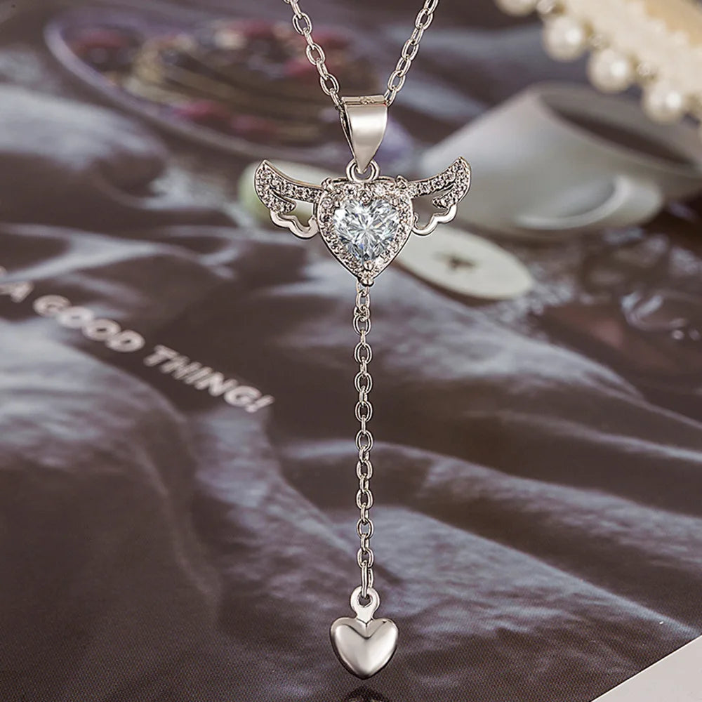 925 Sterling Silver Heart Angel Wings Pendant Choker Necklaces For Women Aesthetic Jewelry Accessories Money 925 Jewellery