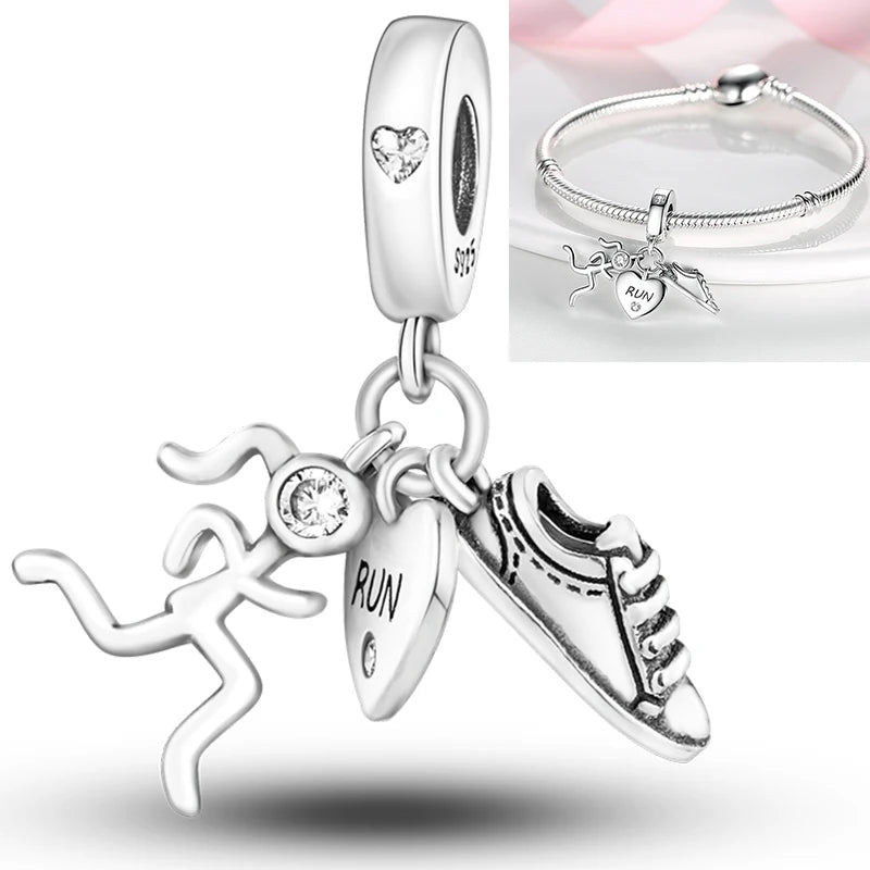 Hot Sneakers 925 Sterling Silver Ice Roller Skates Pink Ballet Shoes Charm Pendant Original Fits Women DIY Jewelry Girl Charms