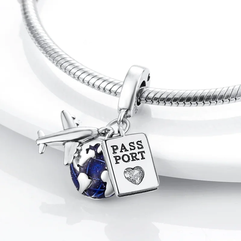 925 Sterling Silver Airplane Passport Earth Charms Pendant Fit Original Bracelet DIY Women Exquisite Travel Jewelry Gifts