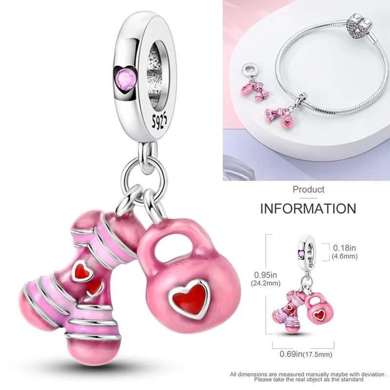 Hot Sneakers 925 Sterling Silver Ice Roller Skates Pink Ballet Shoes Charm Pendant Original Fits Women DIY Jewelry Girl Charms