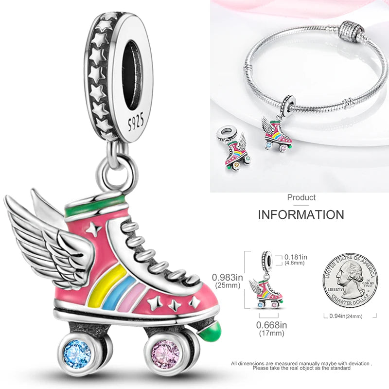 Hot Sneakers 925 Sterling Silver Ice Roller Skates Pink Ballet Shoes Charm Pendant Original Fits Women DIY Jewelry Girl Charms