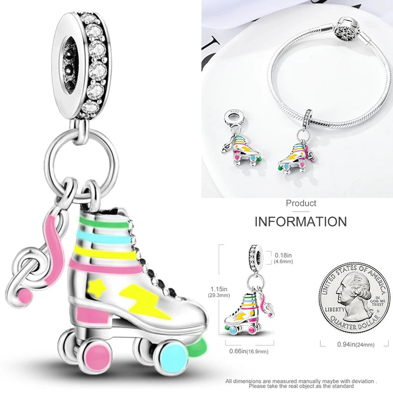 Hot Sneakers 925 Sterling Silver Ice Roller Skates Pink Ballet Shoes Charm Pendant Original Fits Women DIY Jewelry Girl Charms