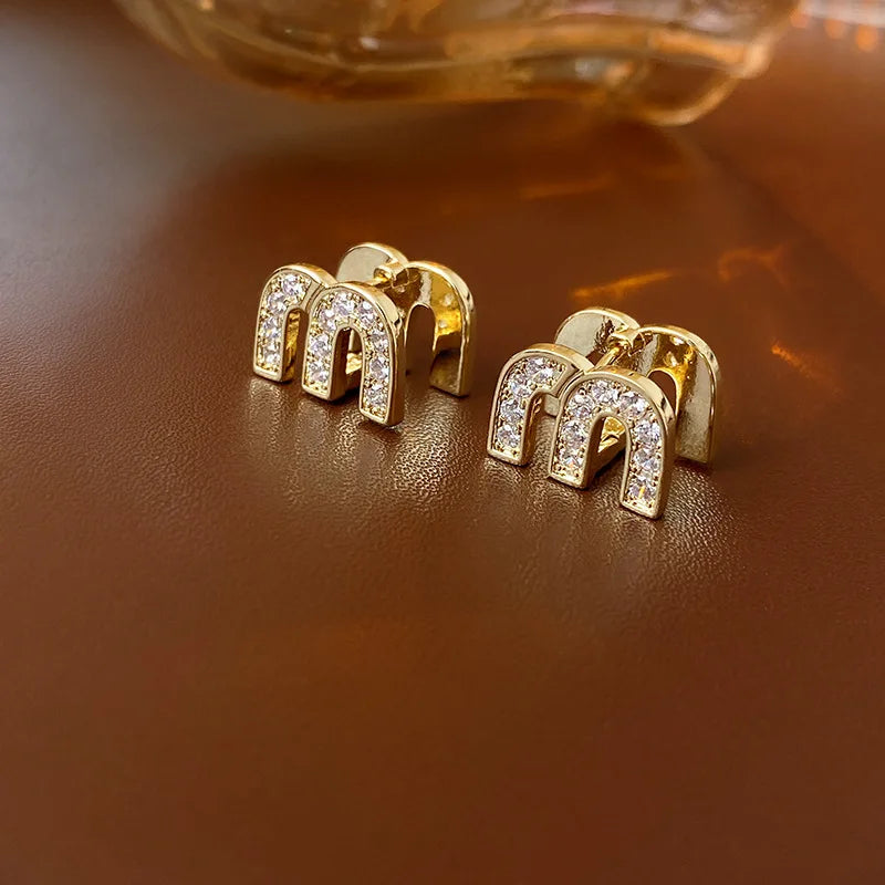 Double-sided Zircon Dripping M Letter Light Luxury Hoop Earrings French Personality Design Fashion Temperament Earring K