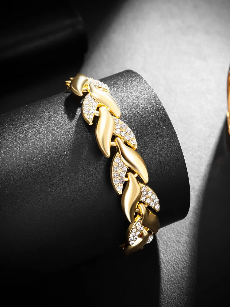 Luxury Love Braided Leaf Bracelet Charm Crystal Wedding Bracelets for Women Anniversary Valentines Day Gifts Aesthetic Jewelry