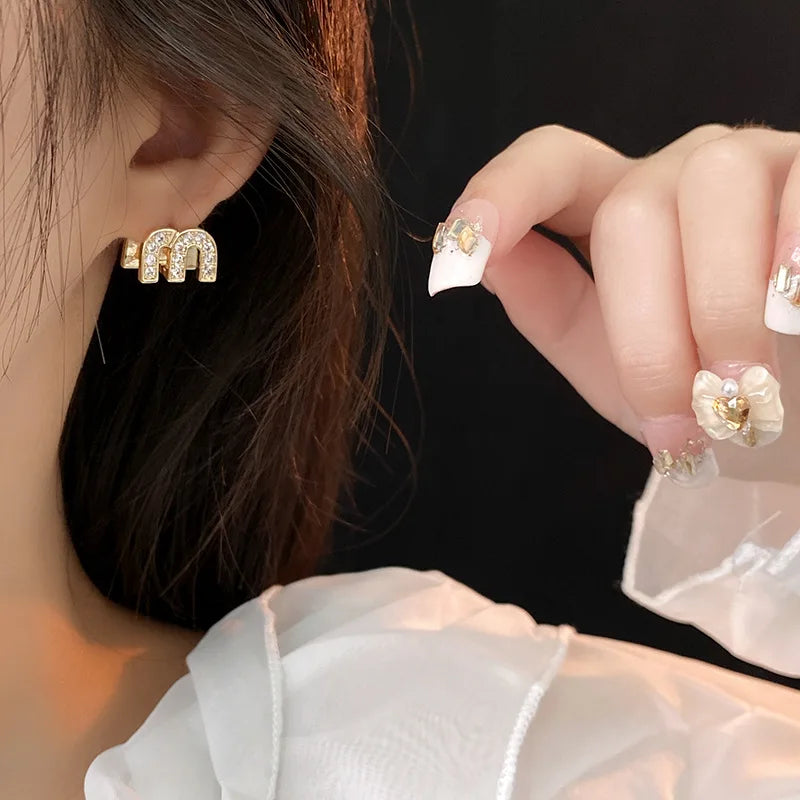 Double-sided Zircon Dripping M Letter Light Luxury Hoop Earrings French Personality Design Fashion Temperament Earring K