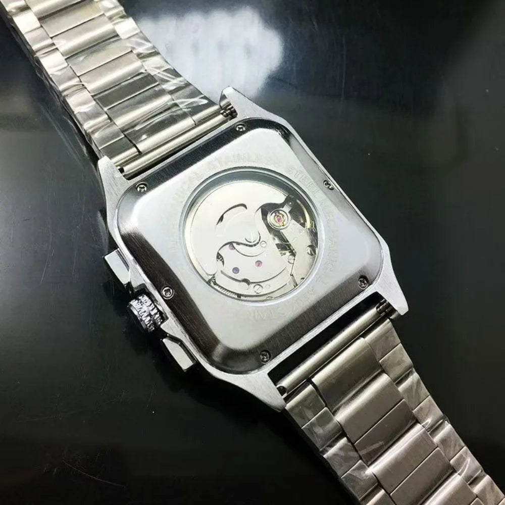 New High-End Luxury Square Automatic Mechanical Watch for Men, Hollow Design, Fashionable Business Casual Versatile Stylish Cool Trendy Men's Wristwatch, Valentine's Day Gift for Boyfriend, Top Choice for Gifts