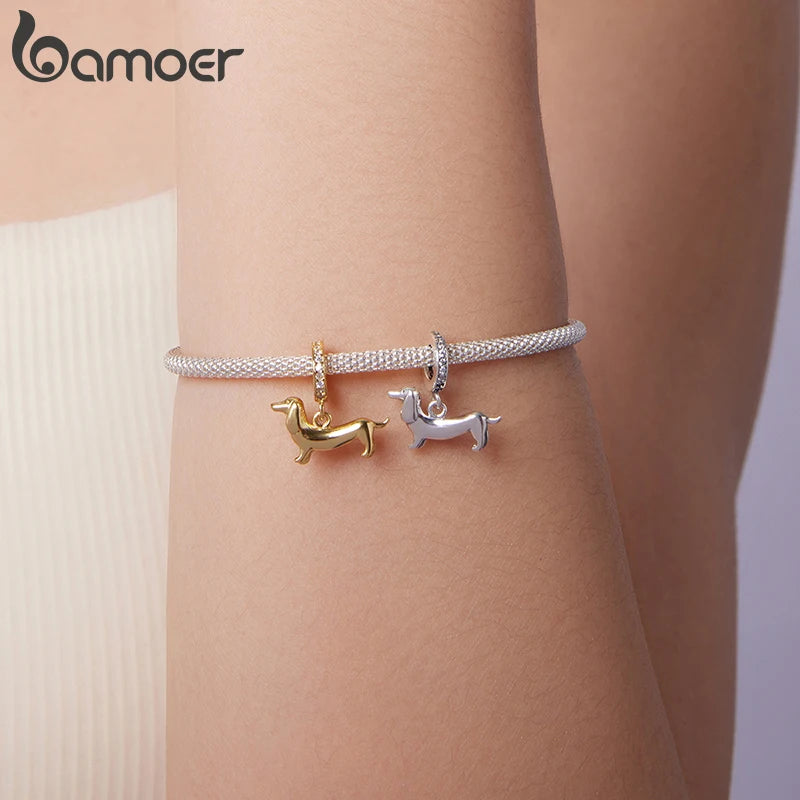 BAMOER Pet Dog Pendant Beads for Basic Bracelet, Genuine 925 Sterling Silver Poodle Dachshund Charms DIY Accessories for Women