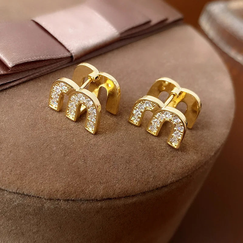 Double-sided Zircon Dripping M Letter Light Luxury Hoop Earrings French Personality Design Fashion Temperament Earring K