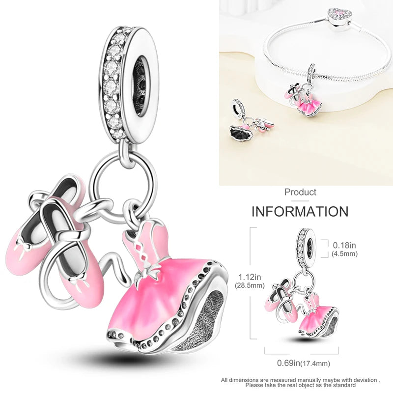 Hot Sneakers 925 Sterling Silver Ice Roller Skates Pink Ballet Shoes Charm Pendant Original Fits Women DIY Jewelry Girl Charms