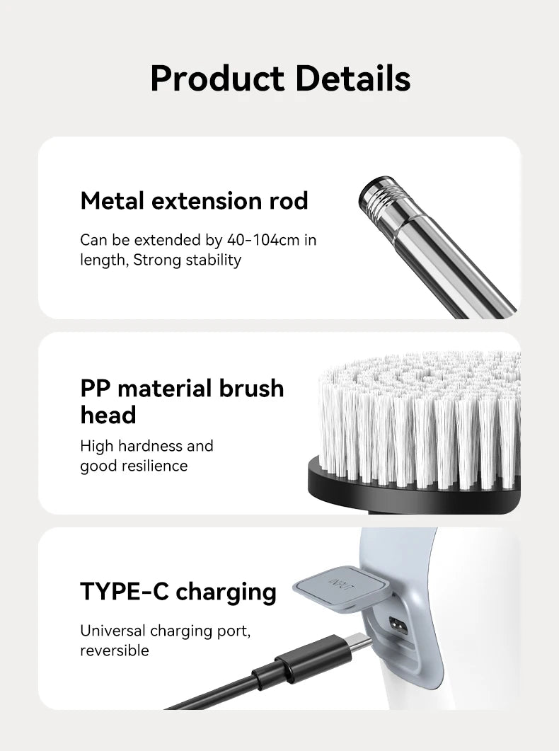 Electric Spin Scrubber Shower Scrubber Cordless Cleaning Brush with 7 Replaceable Brush Heads and Squeegee Adjustable Extension