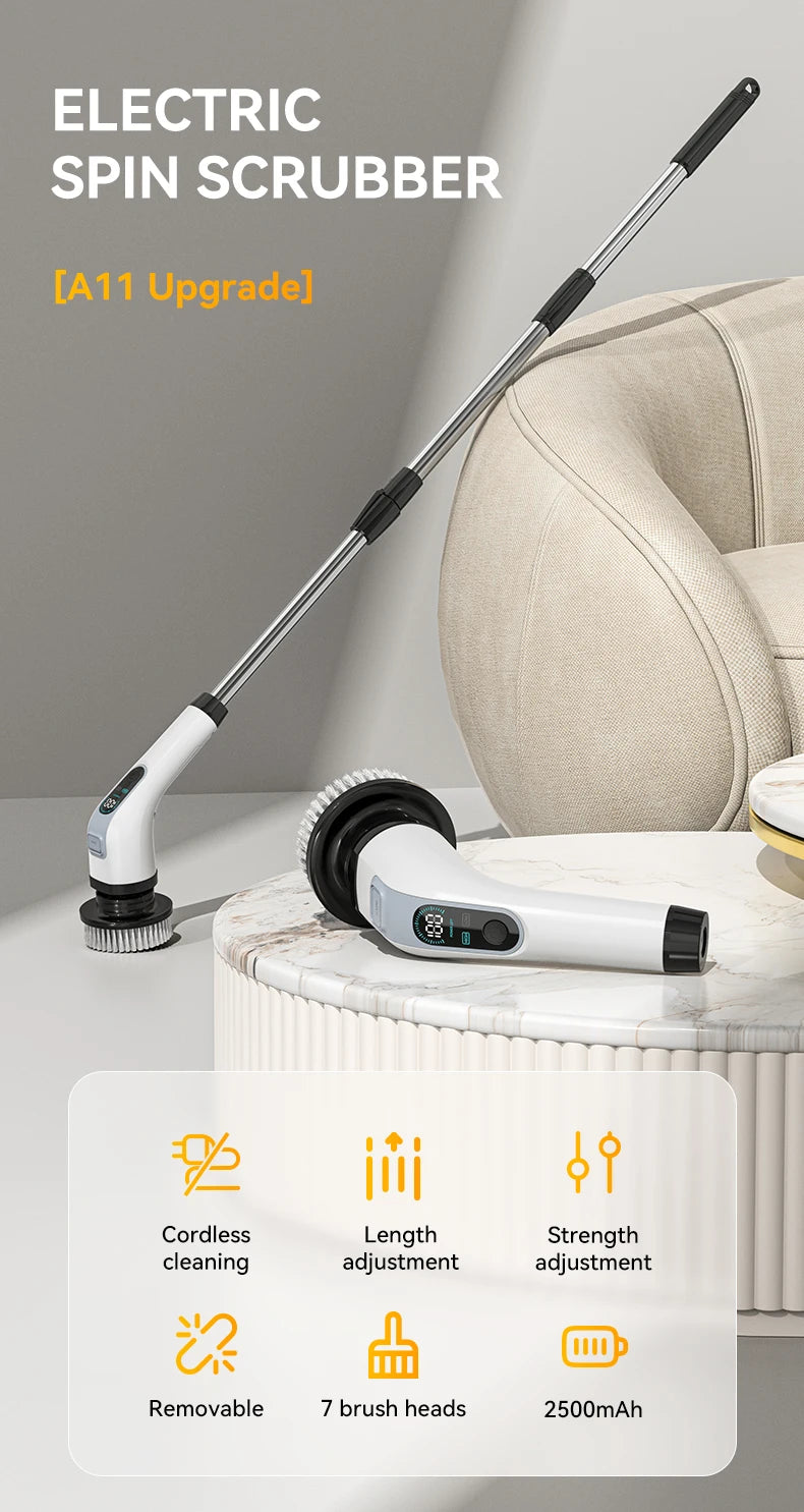 Electric Spin Scrubber Shower Scrubber Cordless Cleaning Brush with 7 Replaceable Brush Heads and Squeegee Adjustable Extension