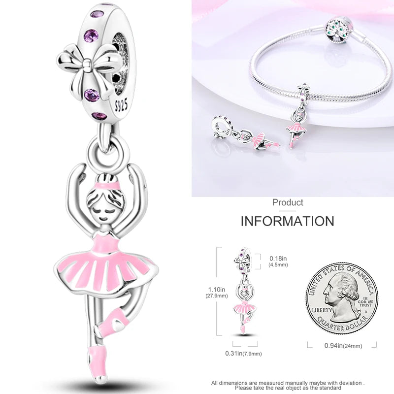 Hot Sneakers 925 Sterling Silver Ice Roller Skates Pink Ballet Shoes Charm Pendant Original Fits Women DIY Jewelry Girl Charms