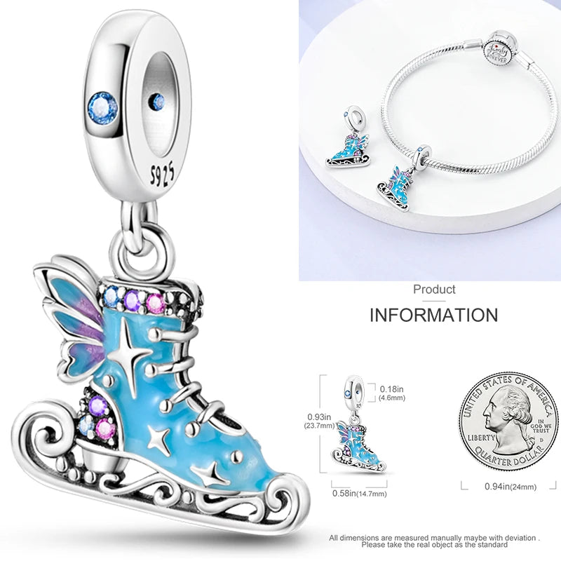 Hot Sneakers 925 Sterling Silver Ice Roller Skates Pink Ballet Shoes Charm Pendant Original Fits Women DIY Jewelry Girl Charms