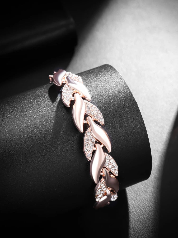 Luxury Love Braided Leaf Bracelet Charm Crystal Wedding Bracelets for Women Anniversary Valentines Day Gifts Aesthetic Jewelry