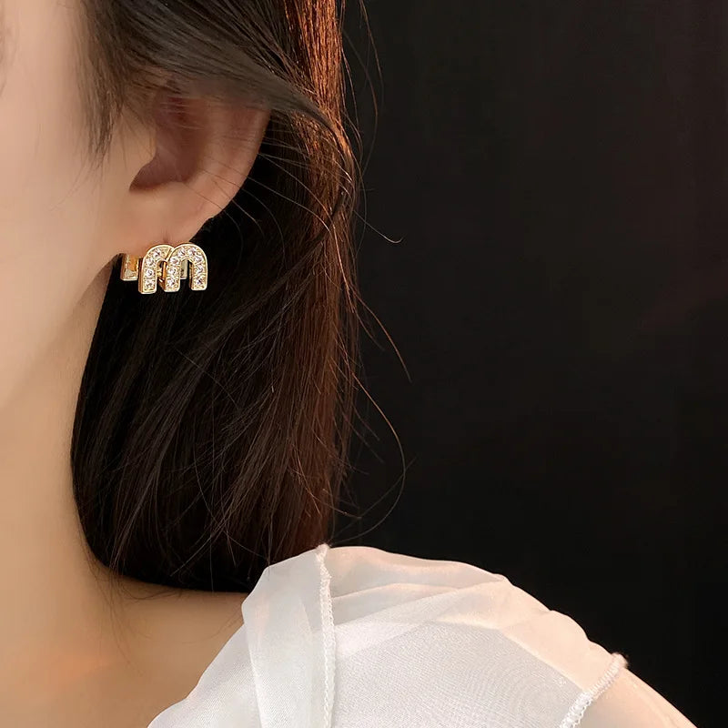 Double-sided Zircon Dripping M Letter Light Luxury Hoop Earrings French Personality Design Fashion Temperament Earring K