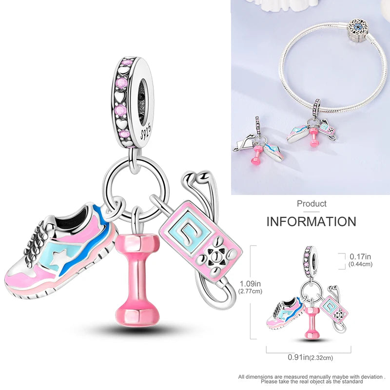 Hot Sneakers 925 Sterling Silver Ice Roller Skates Pink Ballet Shoes Charm Pendant Original Fits Women DIY Jewelry Girl Charms