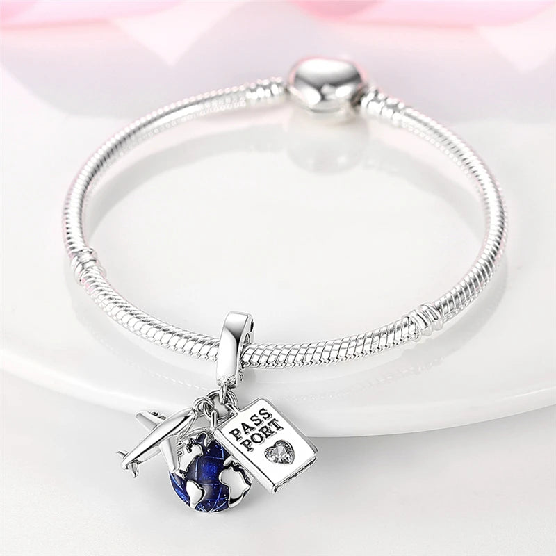925 Sterling Silver Airplane Passport Earth Charms Pendant Fit Original Bracelet DIY Women Exquisite Travel Jewelry Gifts