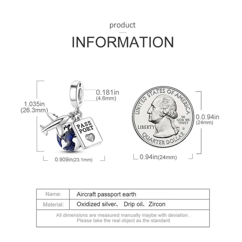 925 Sterling Silver Airplane Passport Earth Charms Pendant Fit Original Bracelet DIY Women Exquisite Travel Jewelry Gifts