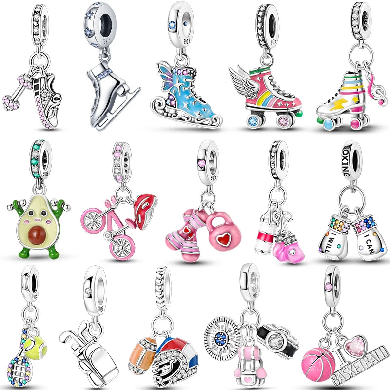 Hot Sneakers 925 Sterling Silver Ice Roller Skates Pink Ballet Shoes Charm Pendant Original Fits Women DIY Jewelry Girl Charms